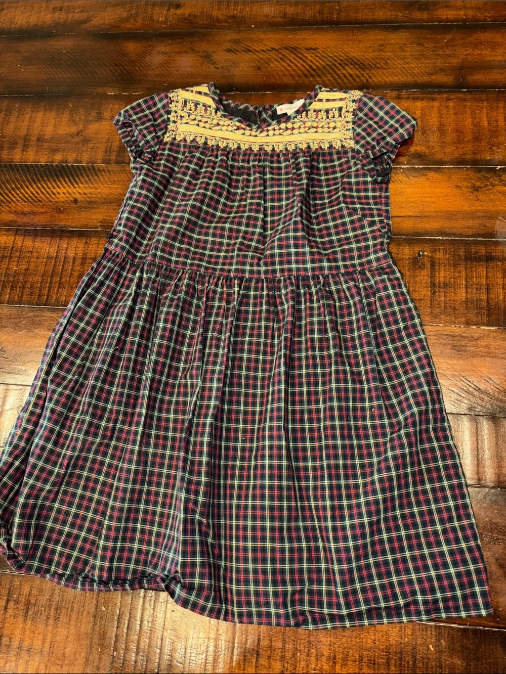 Crewcuts Navy, Red & Green Plaid Dress with Yellow Embroidered around neckline